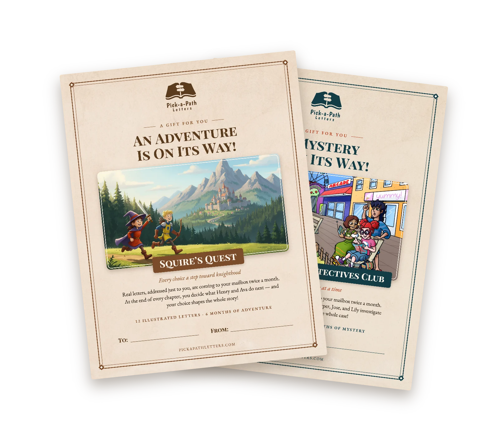 Printable Pick-A-Path gift introductions for Squire’s Quest and The Boardwalk Detectives Club